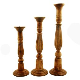 Benzara Wooden Natural Finish Pillar Shaped Candleholder, Set of 3, Brown