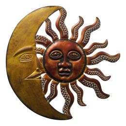 Celestial Sun and Moon Wall Decor In Metal, Gold and Rust Brown