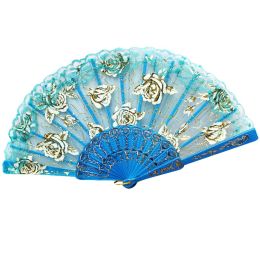 Lace Folding Fans High Quality Lady's Girl's Retro Handheld Fan # Rose(Light Blue)