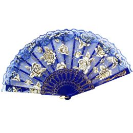 Lace Folding Fans High Quality Lady's Girl's Retro Handheld Fan # Rose(Blue)