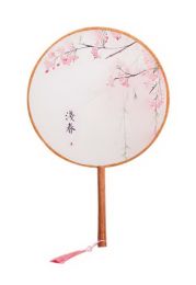 Chinese Round Hand Fan Bamboo Handle Photography Art Fan, Blossing Flowers Print