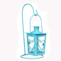 Decor Hanging Lantern Iron Candle Holder With Mini Heart, Blue, 24*10CM