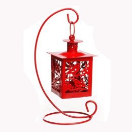 Decor Hanging Lantern Iron Candle Holder With Mini Birds, Red, 21.7*11CM