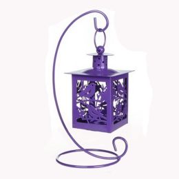 Decor Hanging Lantern Iron Candle Holder With Mini Birds, Purple, 21.7*11CM