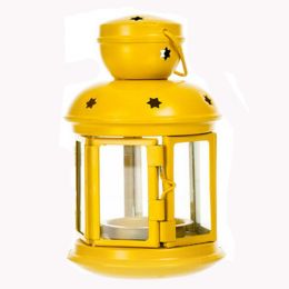 Decor Hanging Lantern Iron Candle Holder With Cute Door, Yellow, 17*9.6*9.6CM