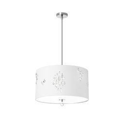 Dainolite 3 Light Pendant, Polished Chrome, White Baroness Drum Shade with Crystal Accents
