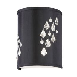 Dainolite 2 Light Wall Sconce with Crystal Accents, Right Hand Facing, Polished Chrome, Black Baroness Fabric