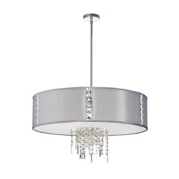 Dainolite 4 Light Pendant with Crystal Accents, Polished Chrome, Silk Glow Steel Drum Shade