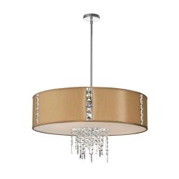 Dainolite 4 Light Pendant with Crystal Accents, Polished Chrome, Silk Glow latte Drum Shade