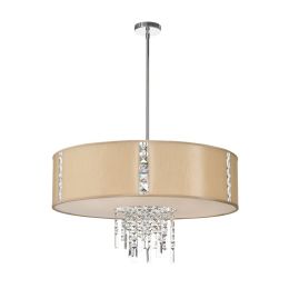Dainolite 4 Light Pendant with Crystal Accents, Polished Chrome, Silk Glow Cream Drum Shade
