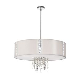 Dainolite 4 Light Pendant with Crystal Accents, Polished Chrome, Silk Glow Pearl Drum Shade